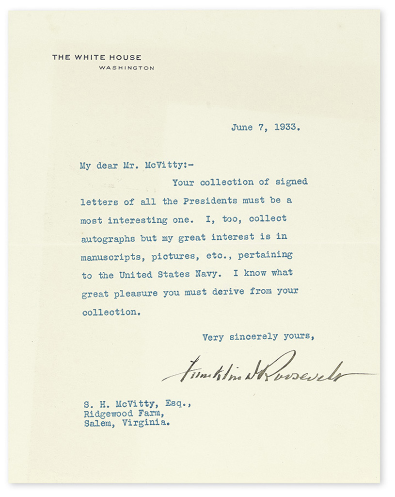 ROOSEVELT, FRANKLIN D. Typed Letter Signed, as President, to Samuel H. McVitty,